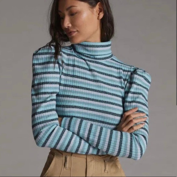 Anthropologie Striped Puff-sleeved Turtleneck